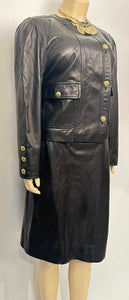 Rare Chanel Vintage 1980/1990 Black Leather Jacket and Skirt Suit FR 42