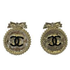 Chanel 12A Round CC Gold Metal Black Ribbon Clip On Earrings