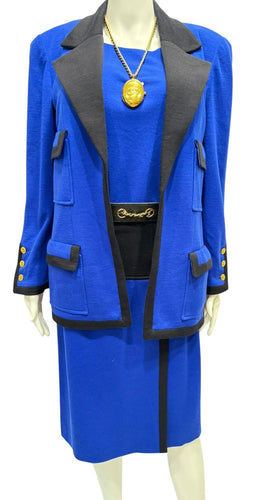 Chanel Vintage 1984 Fall Blue 3 Piece Set Skirt Suit Jacket Blouse FR 42