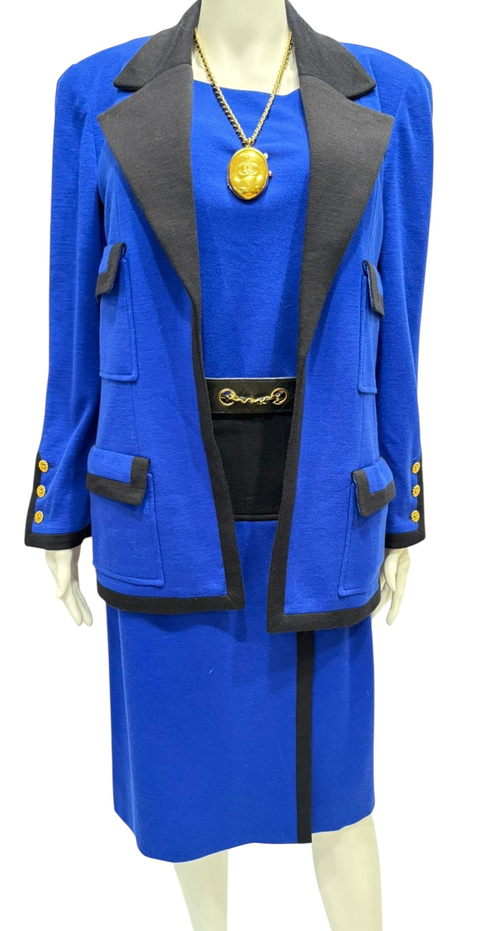 Chanel Vintage 1984 Fall Blue 3 Piece Set Skirt Suit Jacket Blouse FR 42