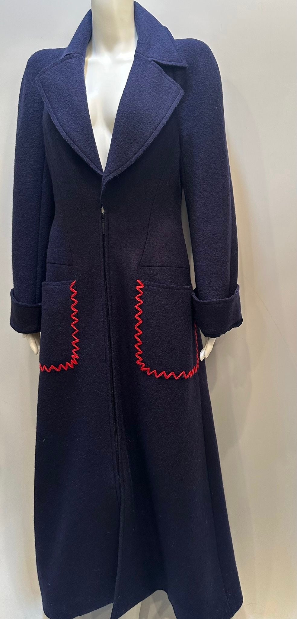 Chanel Vintage 97A 1997 Fall Navy Blue Red Trim Long Heavy Wool Winter HelensChanel