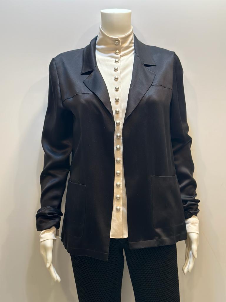 Versatile Casual Chanel 02P Black Satin Jacket FR 38