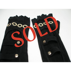 Rare! Chanel Long Fingerless Black Suede leather 08, 2008 Gold CC Logos Caged Gloves Sz 7.5