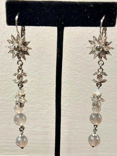 Rare Chanel 15A 2015 Fall Silver Long Star Crystal Dangle Drop Pierced Earrings