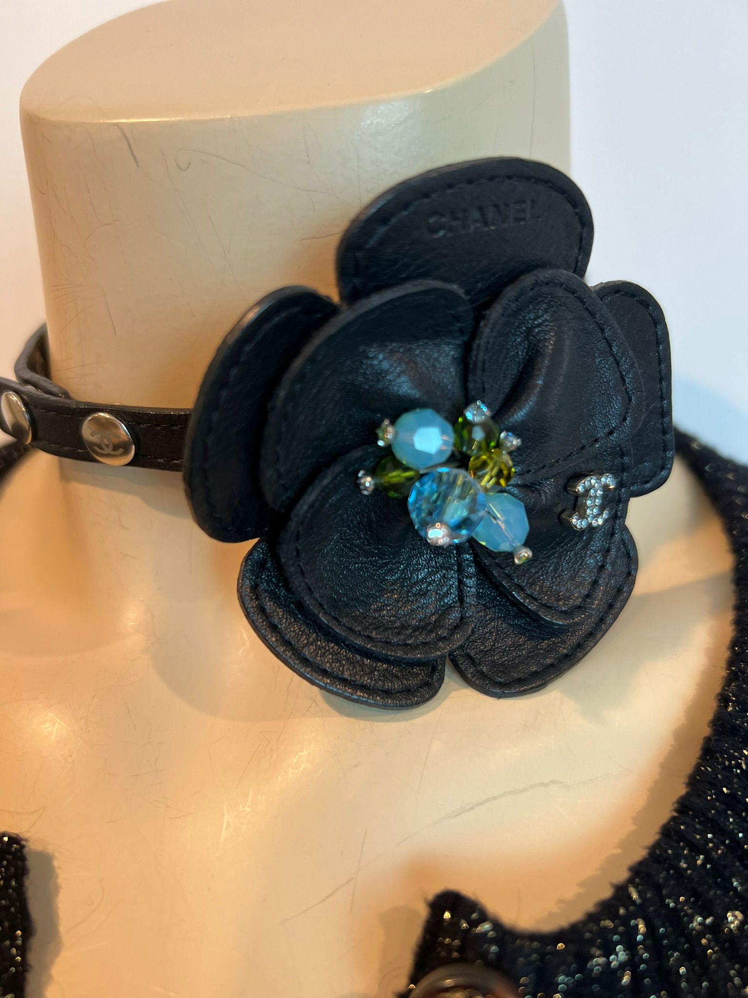 Rare Chanel 05A 2005 Fall Black Camellia Flower Leather Necklace/Bracelet