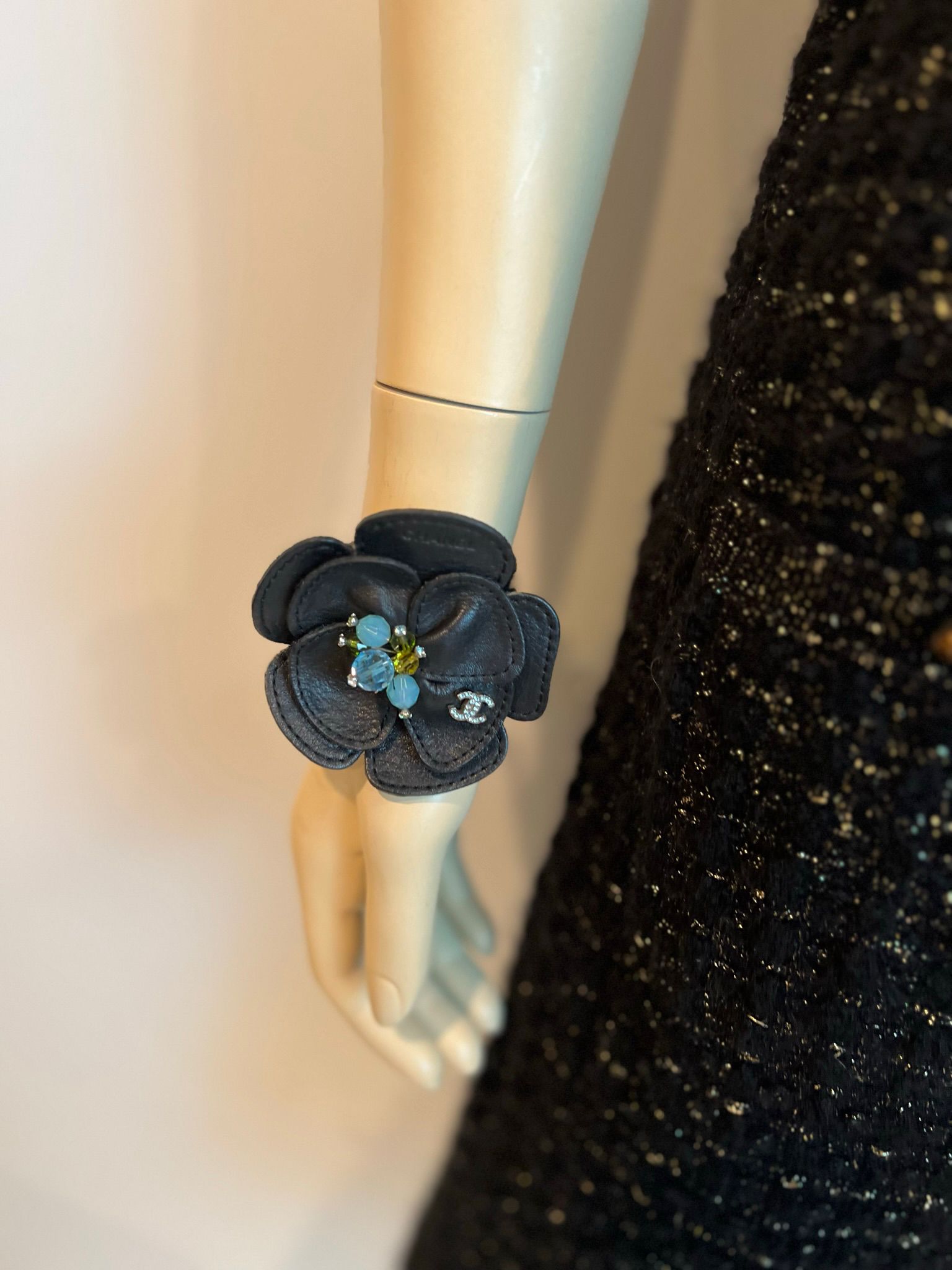 chanel black flower pin