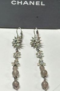 Rare Chanel 15A 2015 Fall Silver Long Star Crystal Dangle Drop Pierced Earrings