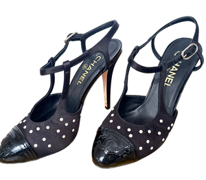 CHANEL Pale Gold Leather + Black Satin Toes 3.5" Heel Slingback Sandals  Sz 38