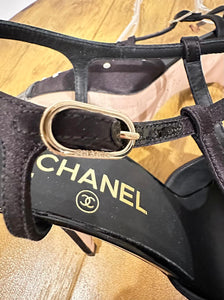 Chanel 18C 2018 Cruise Resort Satin Black Stiletto Pearl Slingback Heels EU 38C US 8/8.5