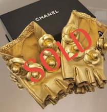 Load image into Gallery viewer, Chanel 2020 New in Box Gold Metallic Camellia Appliqué Fingerless Gloves Size 8