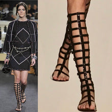 Load image into Gallery viewer, Chanel Gladiator 15S 2015 Summer Strap Flat Sandal Boots Dark Grey Suede Leather EU 37.5 US 7