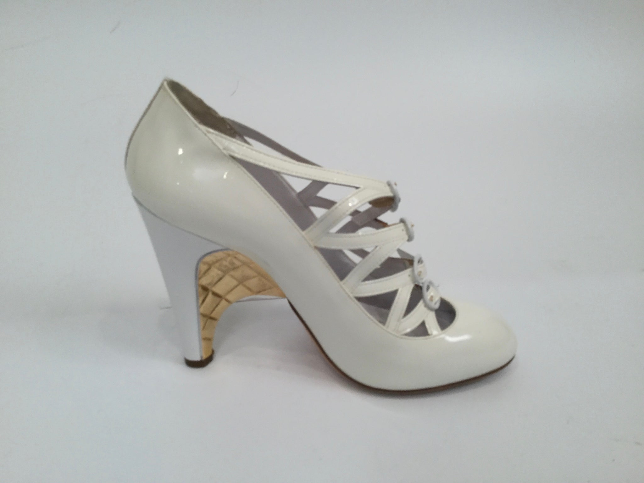 Chanel White Patent Leather Quilted Gold Mary Jane Wedge Strap Heels 07A  Novelty Buckled Pumps EU 39 US 8/8.5