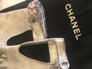 Rare Chanel 2014 14P tweed metallic silver pink chain Fingerless Gloves size 7.5