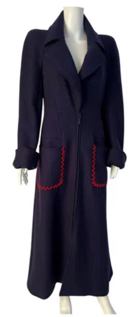 Chanel Vintage 97A 1997 Fall Navy Blue w Red Trim Long Heavy Wool Winter Coat FR 38 US 4
