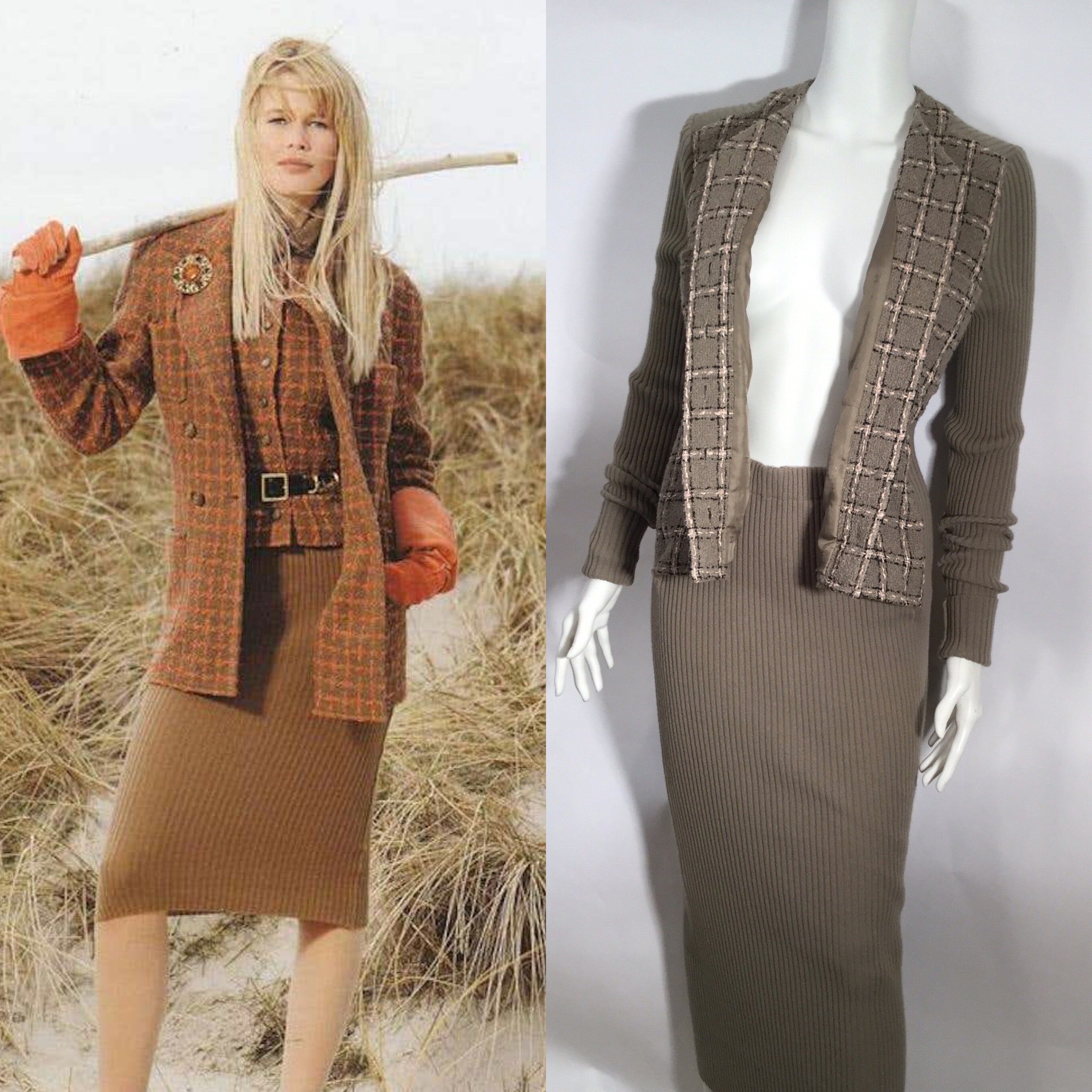 HelensChanel 95A, 1995 Fall Rare Vintage Chanel Knit Dress Attached Tweed Boucle Jacket FR 40 US 4