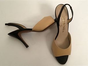 New Chanel peep toe sling backs bicolor beige tan black heel sandals EU 36 US 5/5.5