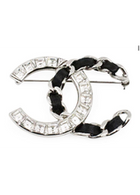 Load image into Gallery viewer, Chanel 2018 Black Woven Lambskin CC Crystal Baguette Pin Brooch