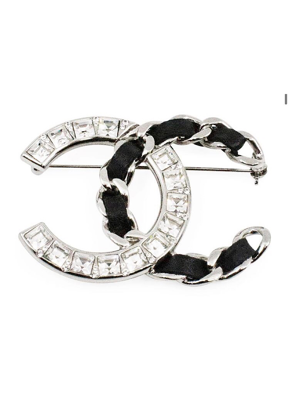 Chanel 2018 Black Woven Lambskin CC Crystal Baguette Pin Brooch