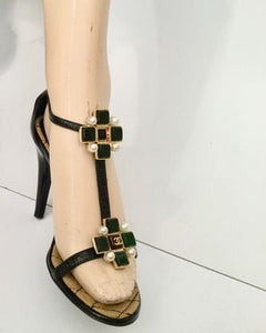Chanel 07P Spring Gripoix Jewel black patent leather strap Heels w/ box EU 38.5 US 7/7.5