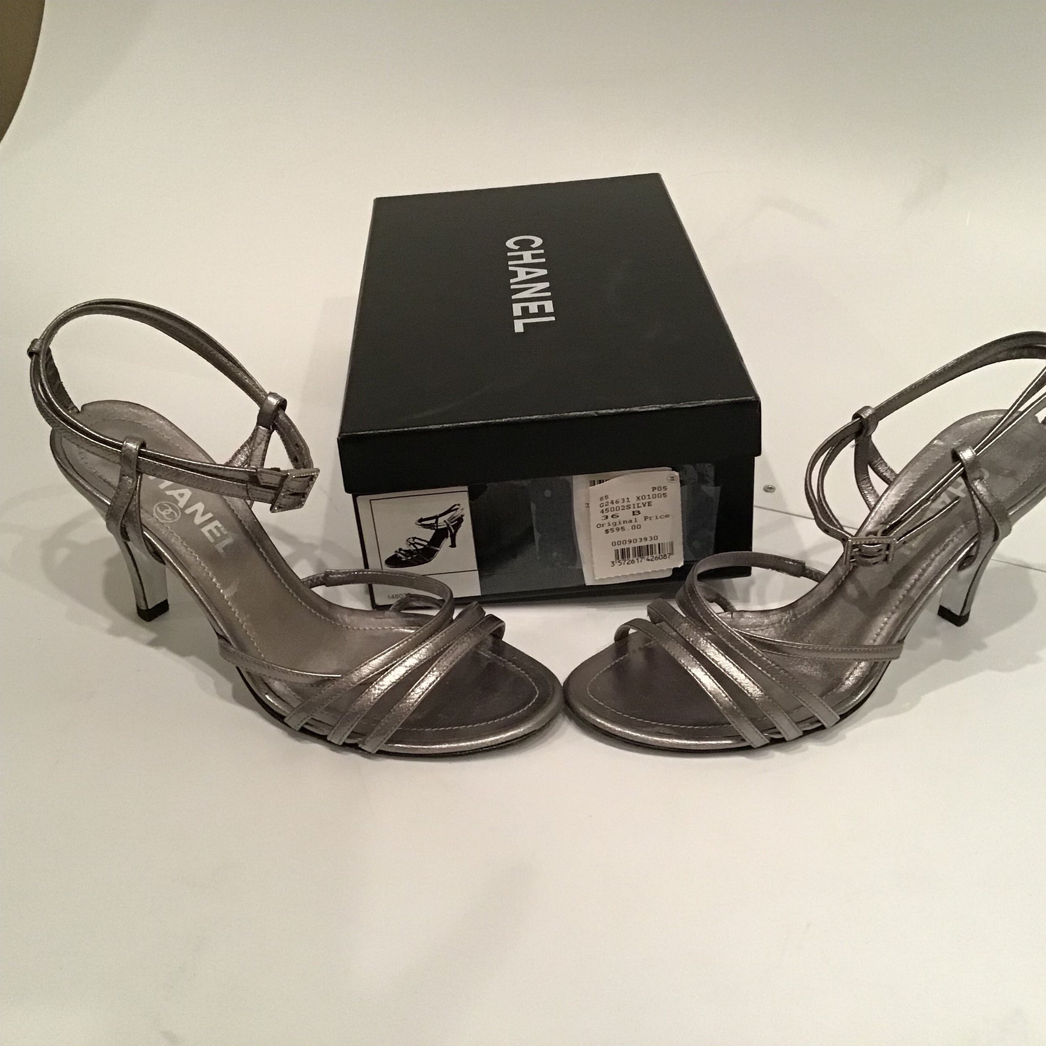 Chanel 05P 2005 Spring Metallic Silver Pewter Strap Sandal Leather Hee –  HelensChanel