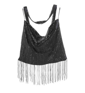 Vintage Chanel 00A, 2000 Fall Autumn Black Tassel Beaded Tube Camisole Top Blouse FR 40 US 4