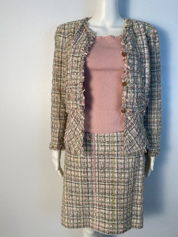 Chanel 08P, 2008 Spring 2 piece plaid tweed skirt suit jacket set size –  HelensChanel