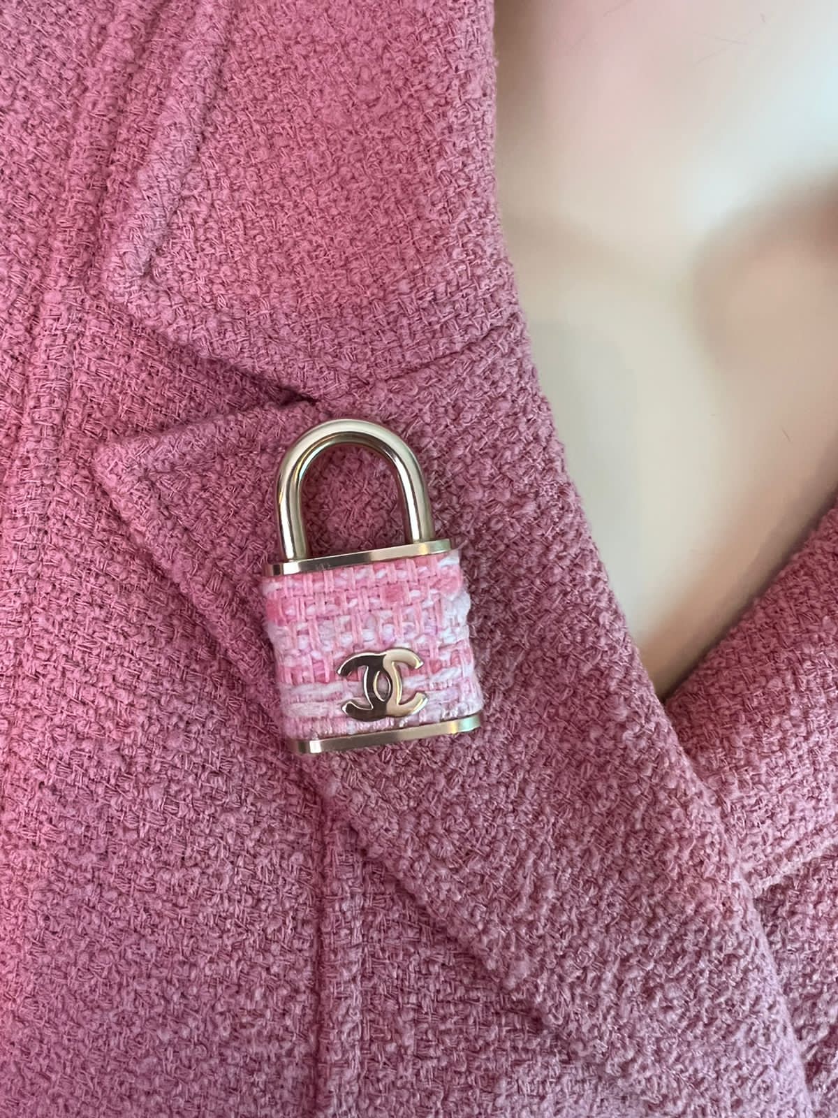 HelensChanel Chanel 2014 Pink Tweed Gold Padlock Brooch Pin