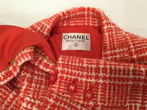 97P, 1997 Spring Chanel Boutique Vintage Orange Plaid Tweed Blazer Dress Jacket US 8