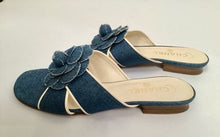 Load image into Gallery viewer, Chanel Denim camellia Flower Slip On Sandals Slides EU 38 US 7.5
