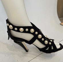 Load image into Gallery viewer, Chanel Black Strap Sandal Heels Pearl Trim EU 37.5 US 6.5/7 Narrow