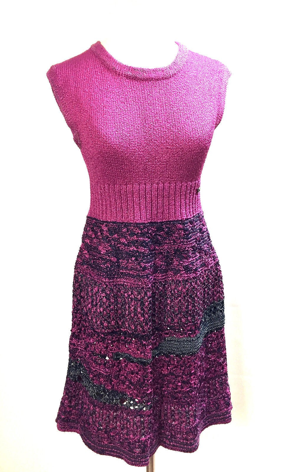 Chanel knit Pink raspberry navy blue gray Dress FR 42 US 6/8