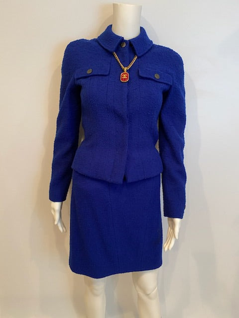 HelensChanel 97a, 1997 Fall Vintage Chanel Boutique Royal Blue Wool Boucle Skirt Suit Jacket Set FR 36 US 2/4