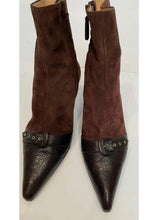 Load image into Gallery viewer, Chanel Dark Brown Kitten Heel Suede Lizard embossed Ankle Boots EU 37.5 US 7/7.5