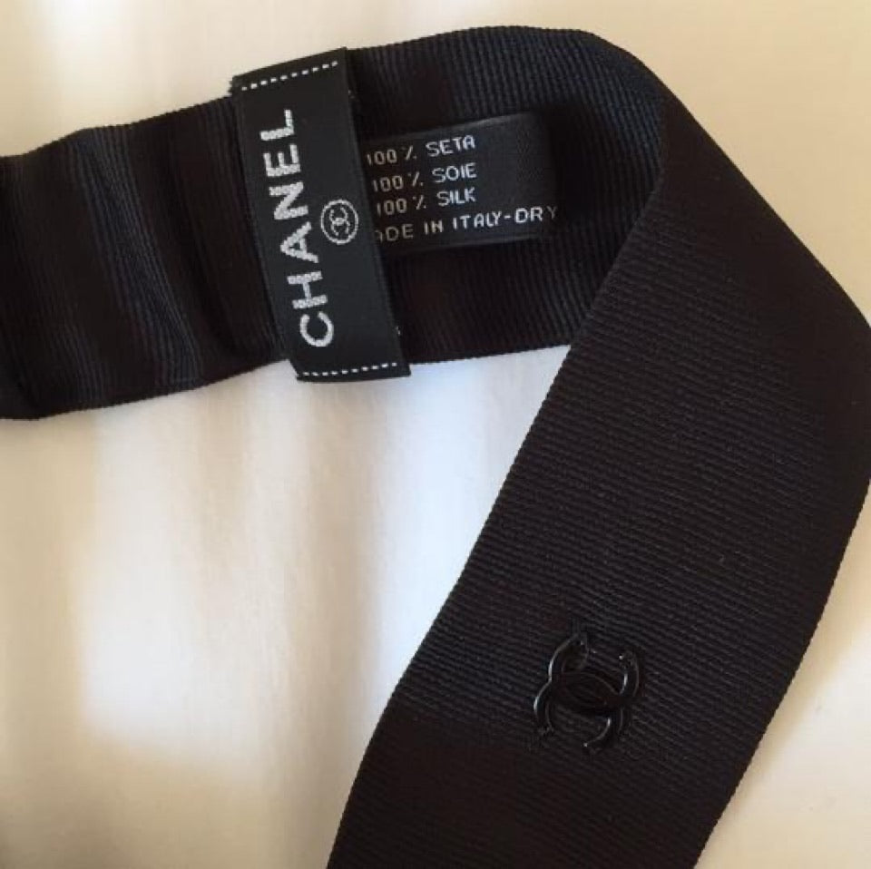 CHANEL 1” Wide White Grosgrain Ribbon Black Logo 2 Strips 37” Each. Total 2  Yds