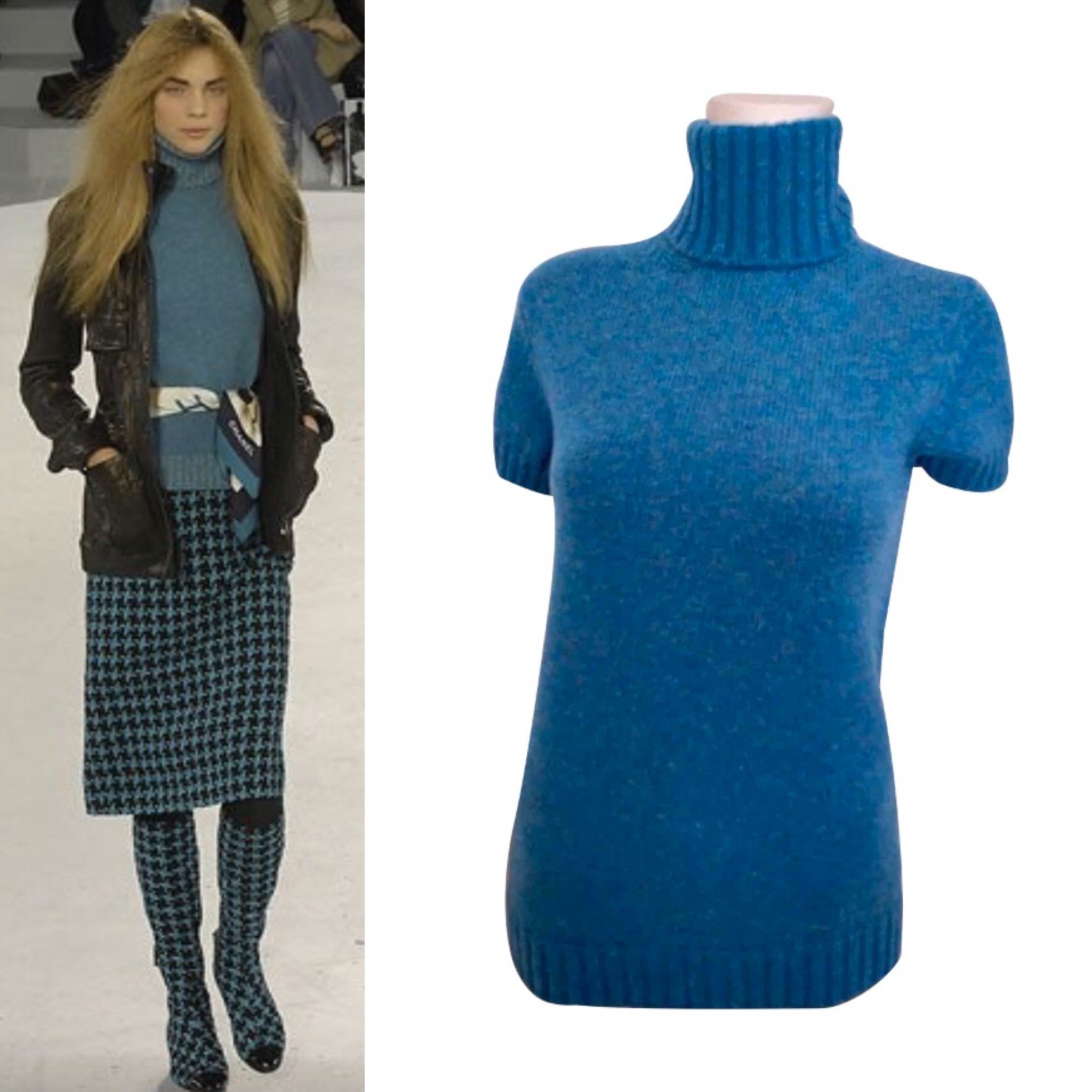 HelensChanel Chanel 07A 2007 Fall Short Sleeve Turquoise Pullover Turtleneck Sweater Top Blouse FR 40 US 6/8