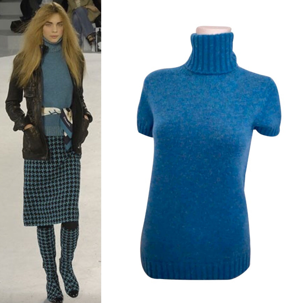 Chanel 07A 2007 Fall Short Sleeve Turquoise Pullover Turtleneck Sweater Top Blouse FR 40 US 6/8