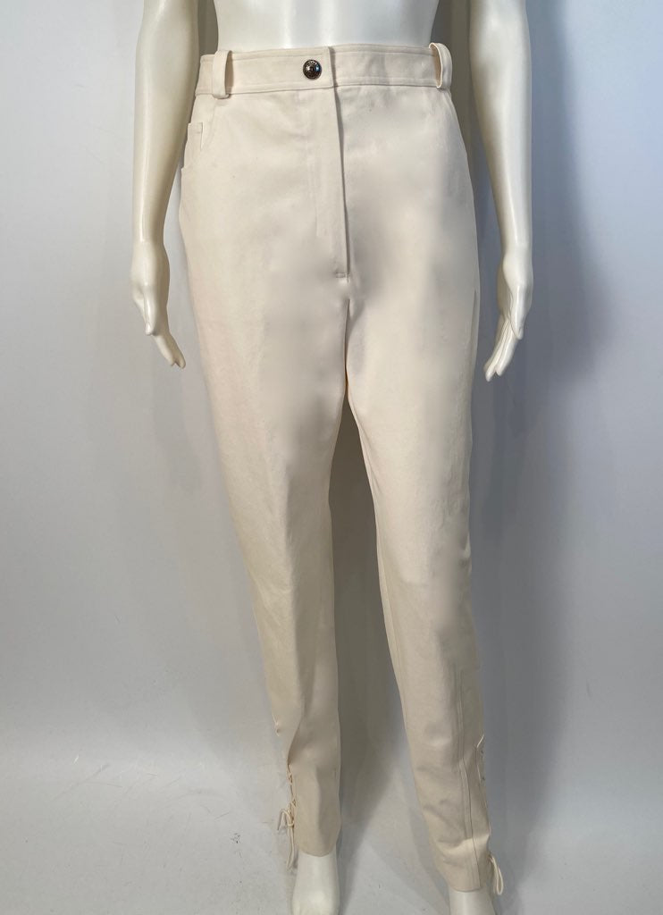 HelensChanel 1997 E97, Chanel Vintage White Cotton Pants -Lace Up ankles-FR 44 US 8/10