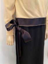 Load image into Gallery viewer, 1980’s Chanel Vintage Light Yellow Black Bicolor Wrap Sweater w/satin ribbons US 4/6/8