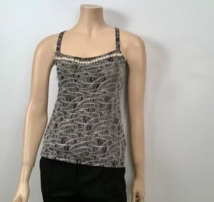 CHANEL 04P Vintage No.5 CC white sheer overlay black trim cami tank top  FR40 L 