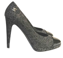Load image into Gallery viewer, NIB New In Box Chanel Dark Silver Glitter patent platform Heel Pumps 2013, 13K ‘World Map’ Collection EU 38.5 US 7.5/8