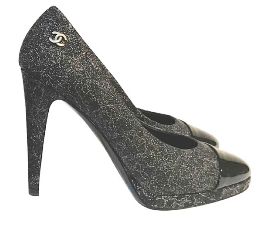 NIB New In Box Chanel Dark Silver Glitter patent platform Heel