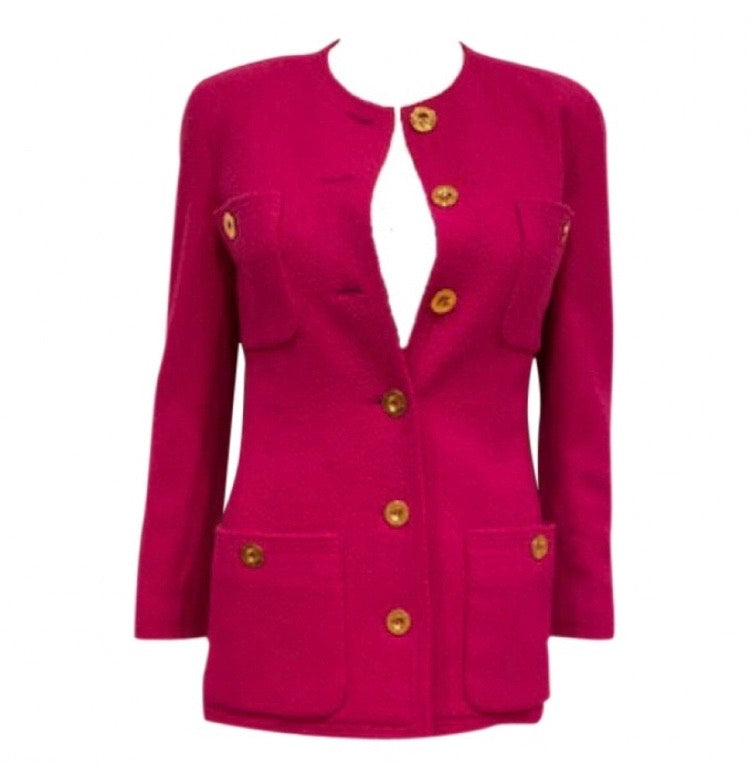 CHANEL vintage hot pink wool boucle black trim 4-pocket gold button-up  jacket