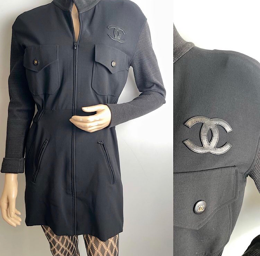 Chanel Vintage Black Satin Bow Pleated Dress