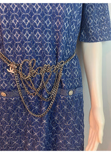 Chanel Blue White Silver Sparkle Geometric Stretch Dress FR 36 US 2/4/6