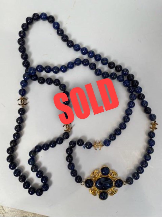 95A, 1995 Fall Vintage Chanel Long Strand Blue Gold Stone CC Necklace