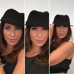 Chanel Fur Felt Fedora grosgrain ribbon CC Crystal Logo Black Hat Sz 57