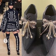 Load image into Gallery viewer, Chanel 18A 2018 Pre-Fall Black Fabulous Pearl Crystals and CC Bows Heel Booties EU 38 US 7/7.5