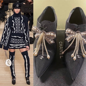 Chanel 18A 2018 Pre-Fall Black Fabulous Pearl Crystals and CC Bows Heel Booties EU 38 US 7/7.5