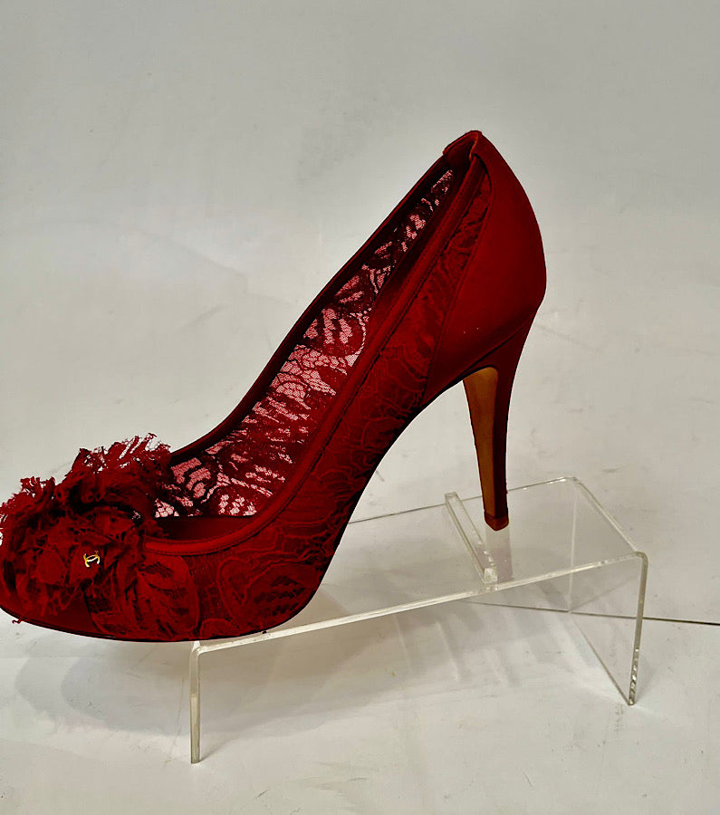 Chanel Light Red Lace Satin Heels