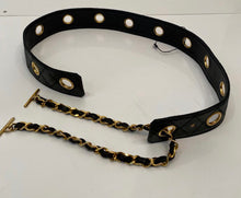 Load image into Gallery viewer, Vintage Chanel Belt Black Quilted Grommets Leather gold Chain Size 75/30
